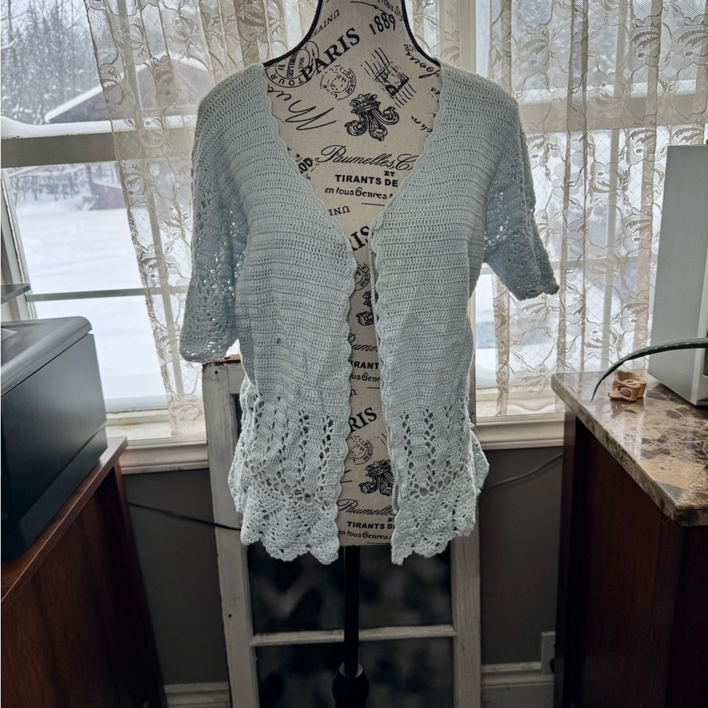 Nomi Blue Cardigan with Crochet Trim and V-Neck